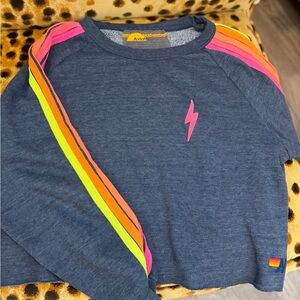 Aviator Nation Cropped Blue Sweatshirt with Neon Stripes